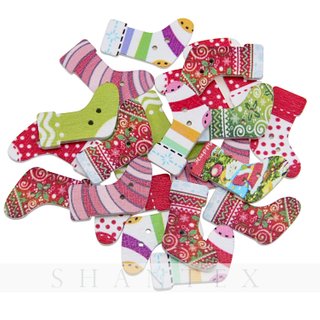 Colorful Christmas Stocking Socks Shape Printed Wood Button Christmas decoration buttons